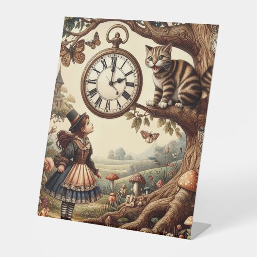 Alice & Cheshire Cat: Whimsical Wonderland Fantasy Reclamebord Met Voetstuk (Voorkant)