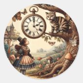 Alice & Cheshire Cat: Whimsical Wonderland Fantasy Ronde Sticker (Voorkant)