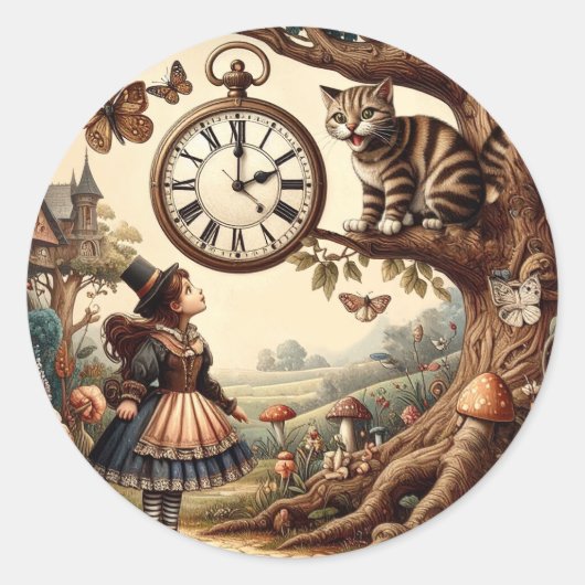 Alice & Cheshire Cat: Whimsical Wonderland Fantasy Ronde Sticker (Voorkant)