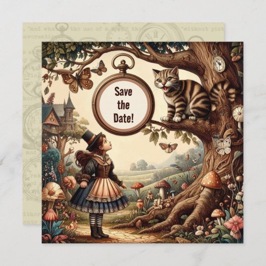 Alice & Cheshire Cat: Whimsical Wonderland Fantasy Save The Date (Voorkant / Achterkant)