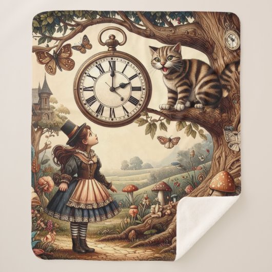 Alice & Cheshire Cat: Whimsical Wonderland Fantasy Sherpa Deken (Voorkant)