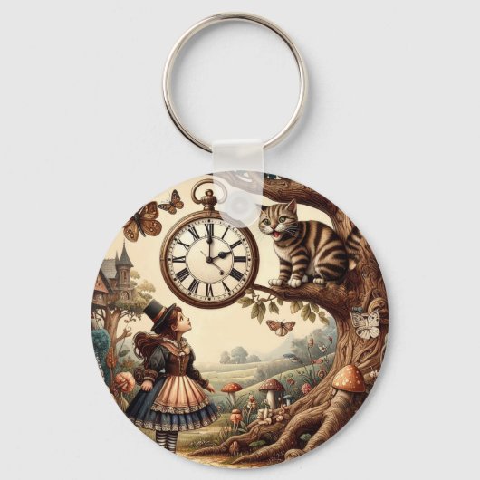 Alice & Cheshire Cat: Whimsical Wonderland Fantasy Sleutelhanger (Voorkant)