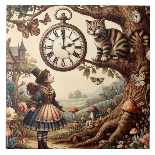 Alice & Cheshire Cat: Whimsical Wonderland Fantasy Tegeltje (Voorkant)