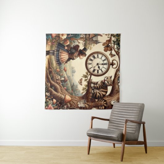 Alice & Cheshire Cat: Whimsical Wonderland Fantasy Wandkleed (In Situ (horizontaal))