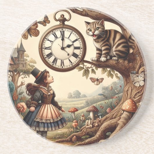 Alice & Cheshire Cat: Whimsical Wonderland Fantasy Zandsteen Onderzetter (Voorkant)