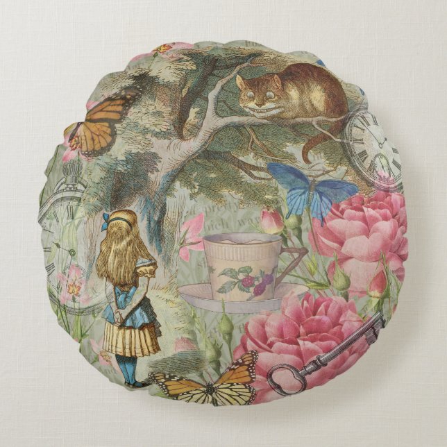 Alice Cheshire Kat Wonderland Boomgaard Rond Kussen (Voorkant)