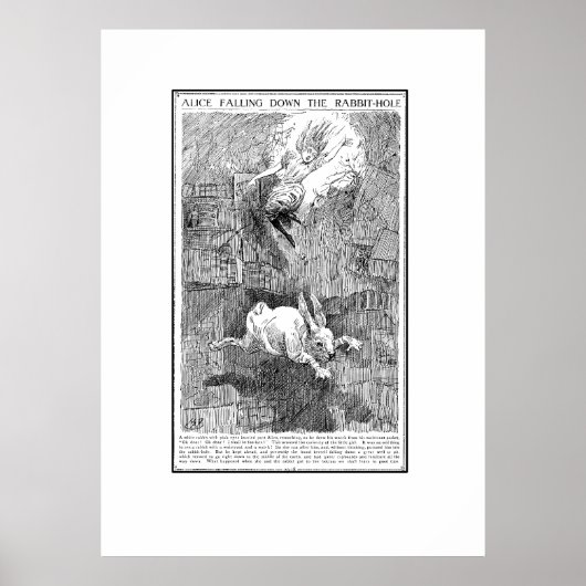 Alice die het konijnenhol omlaag gooit poster (Voorkant)