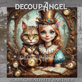 Alice en Cheshire Cat in Steampunk-Land Decoupage Tissuepapier
