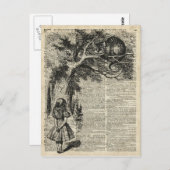 Alice en Cheshire Stencil Art over de oude boekpag Briefkaart (Voorkant / Achterkant)