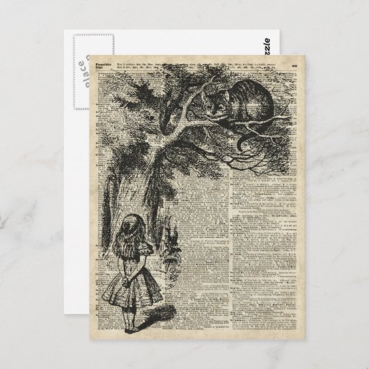 Alice en Cheshire Stencil Art over de oude boekpag Briefkaart (Voorkant / Achterkant)