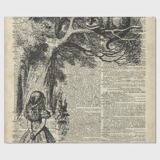 Alice en Cheshire Stencil Art over de oude boekpag Cadeaupapier (Vlak)