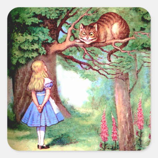 Alice en de Cheshire Cat in Wonderland Vierkante Sticker (Voorkant)