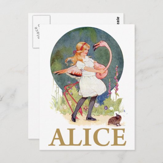 ALICE EN DE ROZE FLAMINGO SPELEN CROQUET BRIEFKAART (Voorkant / Achterkant)