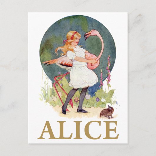 ALICE EN DE ROZE FLAMINGO SPELEN CROQUET BRIEFKAART (Voorkant)