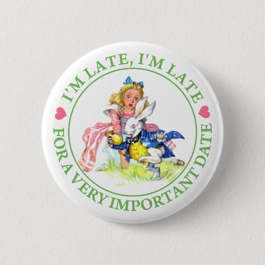 ALICE EN DE WITTE KONIJN - IK BEN TE LAAT! RONDE BUTTON 5,7 CM (Voorkant)