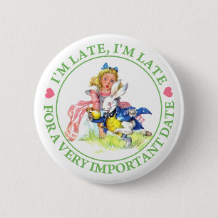 ALICE EN DE WITTE KONIJN - IK BEN TE LAAT! RONDE BUTTON 5,7 CM