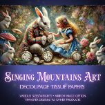 Alice en Konijn Wonderland Forest Decoupage Tissuepapier<br><div class="desc">Stap in een magisch bos waar Alice en het witte konijn tussen een indrukwekkende reeks klokken te midden van torenhoge paddenstoelen staan. Elk uurwerk is met liefdevolle details weergegeven in een klassieke stijl die de charme van een verhalenboek oproept. Het warme kleurenpalet voegt tijdloze aantrekkingskracht toe aan elke decoupage-creatie. Perfect...</div>
