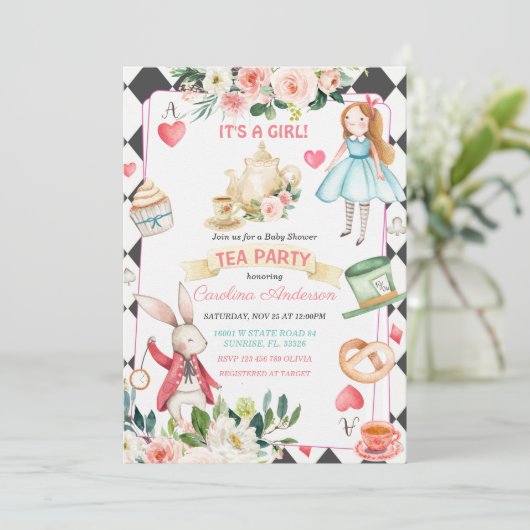 Alice en Rabbit Tea Party Baby shower Kaart (Staand voorkant)