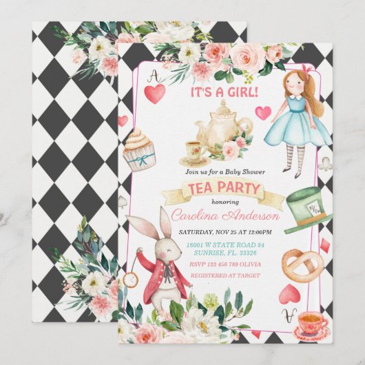 Alice en Rabbit Tea Party Baby shower Kaart (Voorkant / Achterkant)