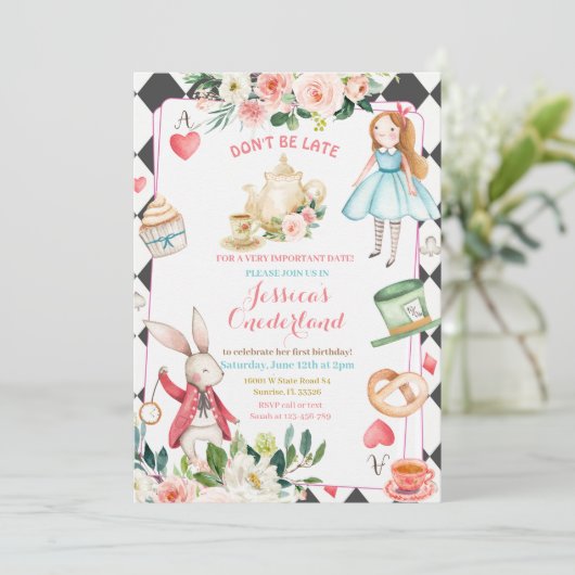  Alice en Rabbit Tea Party Invitation Kaart (Staand voorkant)