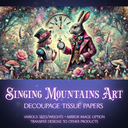 Alice en White Rabbit Wonderland Klokken Decoupage Tissuepapier
