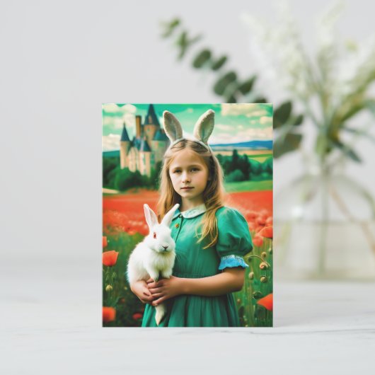 Alice en wit konijn in Poppy Fields of Oz Briefkaart (Staand voorkant)