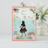 Alice, Flamingo & Cat Save the Date Wedding Kaart (Staand voorkant)