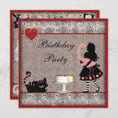 Alice, Flamingo & Cheshire Cat Birthday Party Kaart (Voorkant / Achterkant)