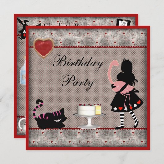 Alice, Flamingo & Cheshire Cat Birthday Party Kaart (Voorkant / Achterkant)