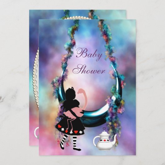 Alice & Flamingo Hanging Moon Baby shower Kaart (Voorkant / Achterkant)