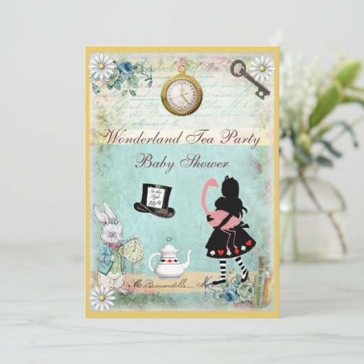 Alice & Flamingo Wonderland Baby shower Tea Party Kaart (Staand voorkant)