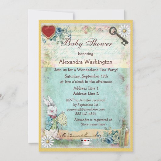 Alice & Flamingo Wonderland Baby shower Tea Party Kaart (Achterkant)