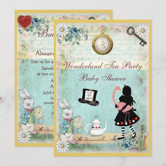 Alice & Flamingo Wonderland Baby shower Tea Party Kaart (Voorkant / Achterkant)