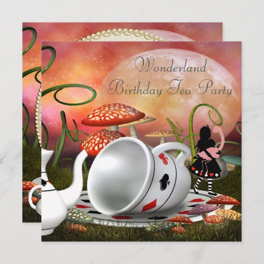 Alice & Flamingo Wonderland Birthday Party Kaart (Voorkant / Achterkant)