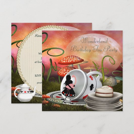 Alice & Flamingo Wonderland Birthday Party Kaart (Voorkant / Achterkant)