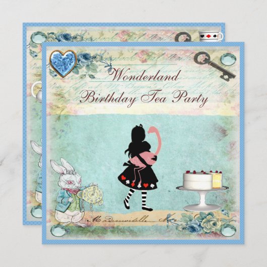 Alice & Flamingo Wonderland Birthday Tea Party Kaart (Voorkant / Achterkant)