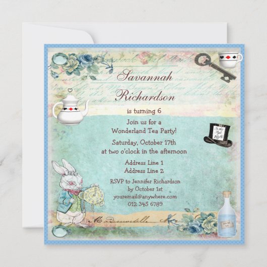 Alice & Flamingo Wonderland Birthday Tea Party Kaart (Achterkant)