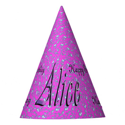 Alice, Happy Birthday, roze papieren Pet. Feesthoedjes (Voorkant)