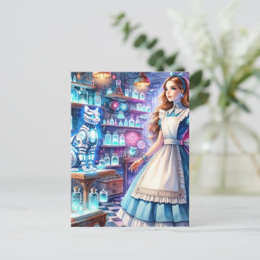 Alice in de Steampunk Apothecary Met Robot Cat Briefkaart (Staand voorkant)