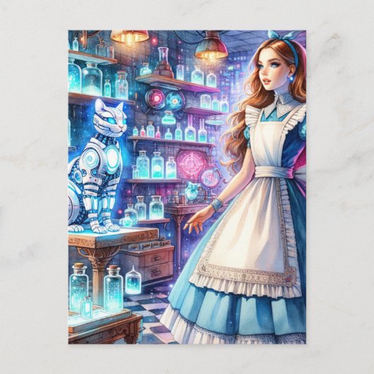 Alice in de Steampunk Apothecary Met Robot Cat Briefkaart (Voorkant)