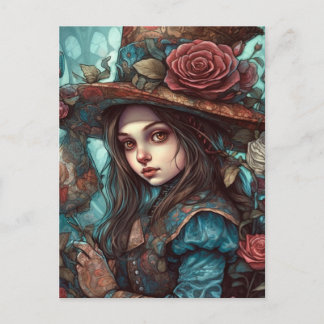 Alice in een hoge hoed met bloemen briefkaart
