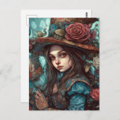 Alice in een hoge hoed met bloemen briefkaart (Voorkant / Achterkant)