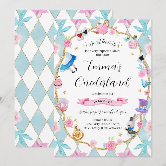 Alice in Onederland 1e verjaardag blauw Kaart (Voorkant / Achterkant)