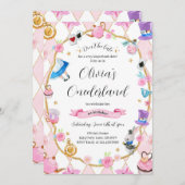 Alice in Onederland 1e verjaardag Roze Kaart (Voorkant / Achterkant)