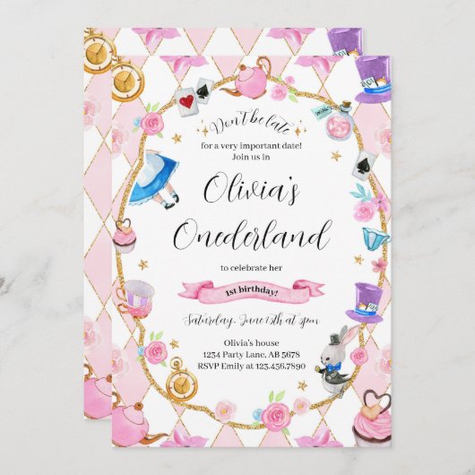 Alice in Onederland 1e verjaardag Roze Kaart (Voorkant / Achterkant)