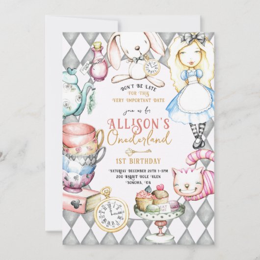 Alice in Onederland 1e Verjaardag Tea Party Kaart (Voorkant)