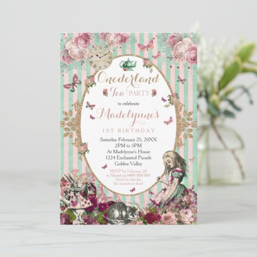Alice in Onederland 1e Verjaardag uitnodiging (Staand voorkant)