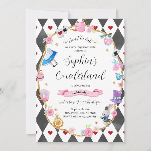 Alice in Onederland 1e Verjaardag Zwart Kaart (Voorkant)