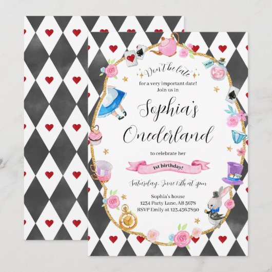 Alice in Onederland 1e Verjaardag Zwart Kaart (Voorkant / Achterkant)