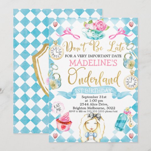 Alice in Onederland 1st Birthday Invite Kaart (Voorkant / Achterkant)